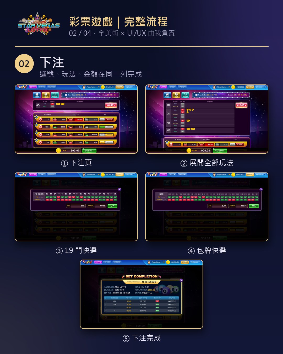 02 下注|下注頁、展開玩法、19 門、包牌、完成